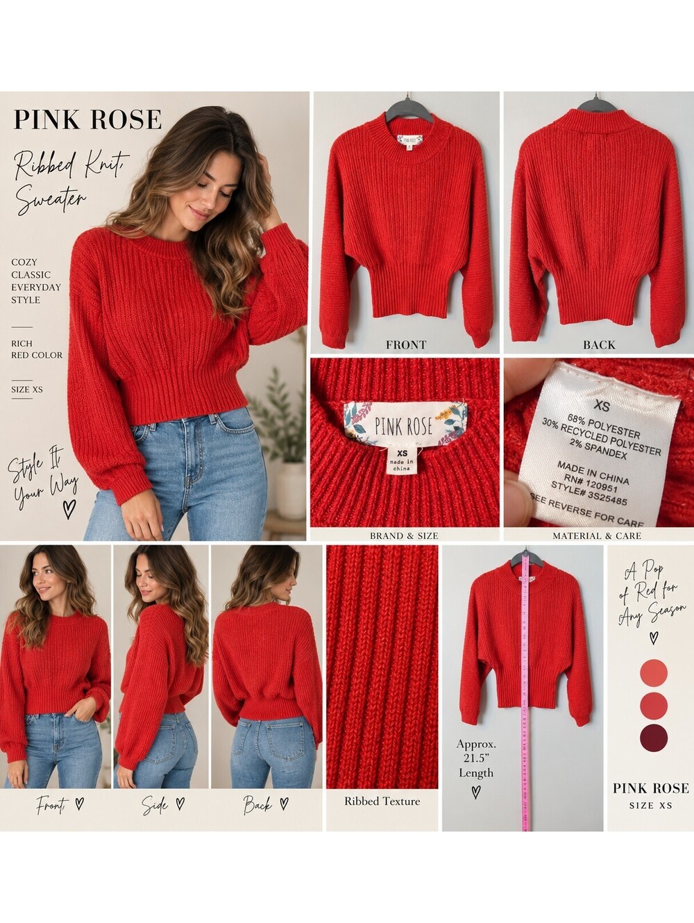 Pink Rose Red Ribbed Knit Sweater